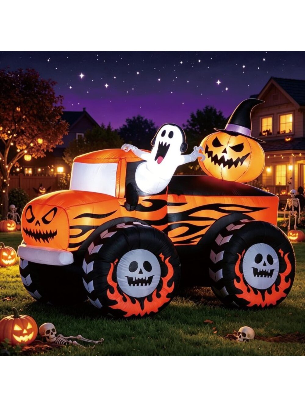 7FT Inflatable Halloween Monster Truck with Pumpkin & Ghost, LED Yard Decor